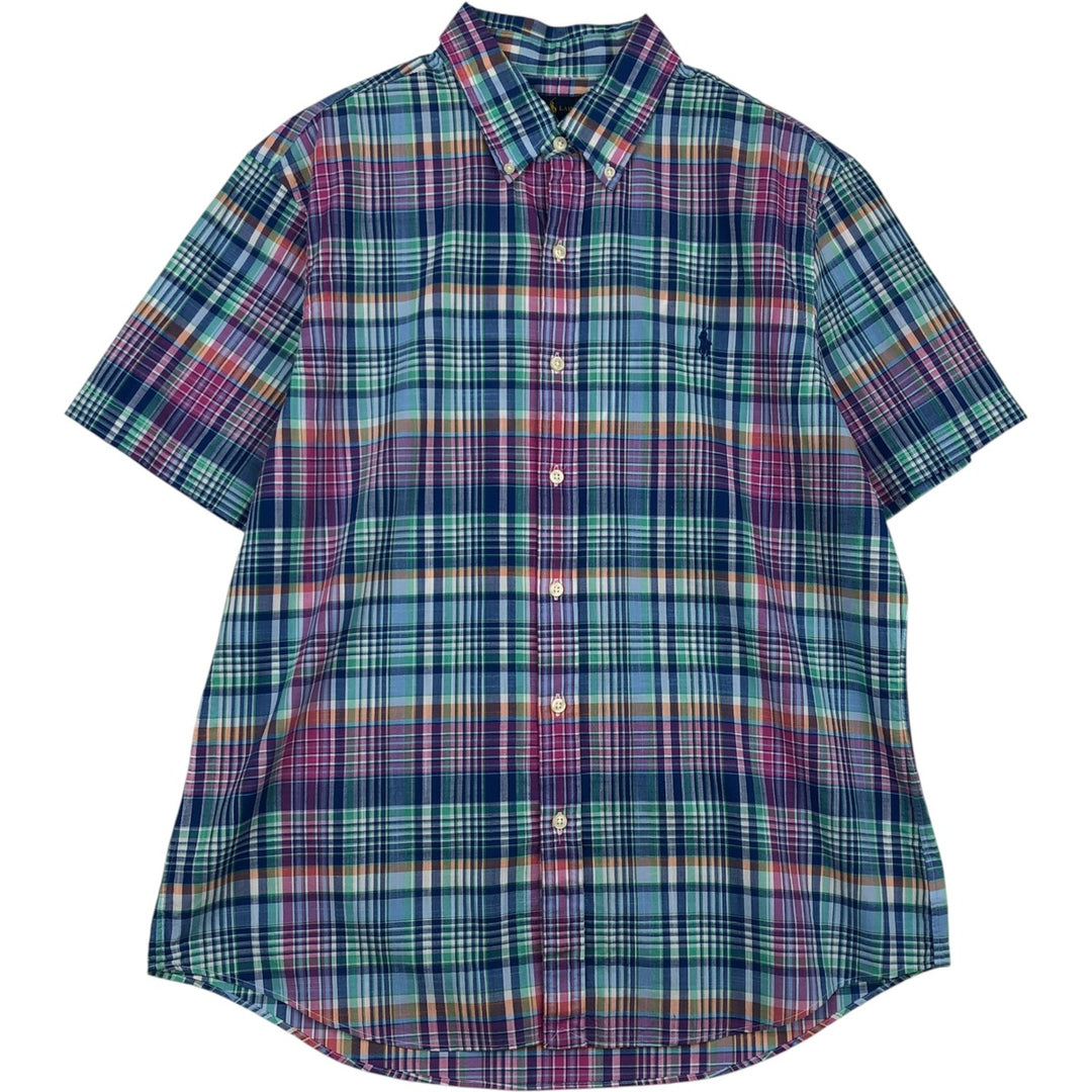 Ralph Lauren SLIM FIT Madras check short-sleeved button-down check shirt, men's size XL equivalent. cotton blue type Vintage Second Hand