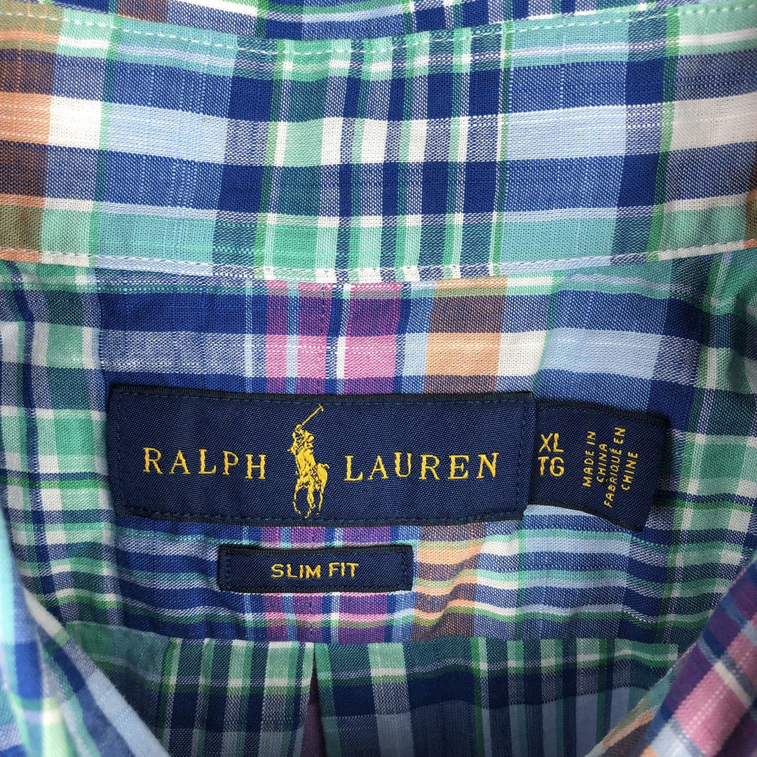 Ralph Lauren SLIM FIT Madras check short-sleeved button-down check shirt, men's size XL equivalent. cotton blue type Vintage Second Hand
