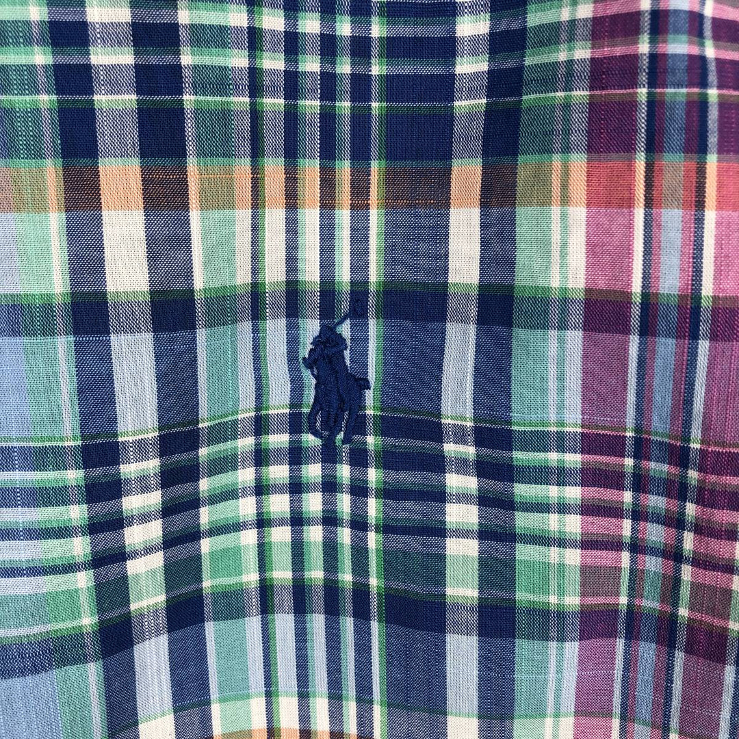 Ralph Lauren SLIM FIT Madras check short-sleeved button-down check shirt, men's size XL equivalent. cotton blue type Vintage Second Hand