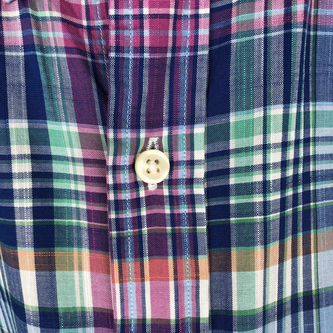 Ralph Lauren SLIM FIT Madras check short-sleeved button-down check shirt, men's size XL equivalent. cotton blue type Vintage Second Hand