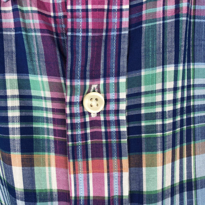 Ralph Lauren SLIM FIT Madras check short-sleeved button-down check shirt, men's size XL equivalent. cotton blue type Vintage Second Hand