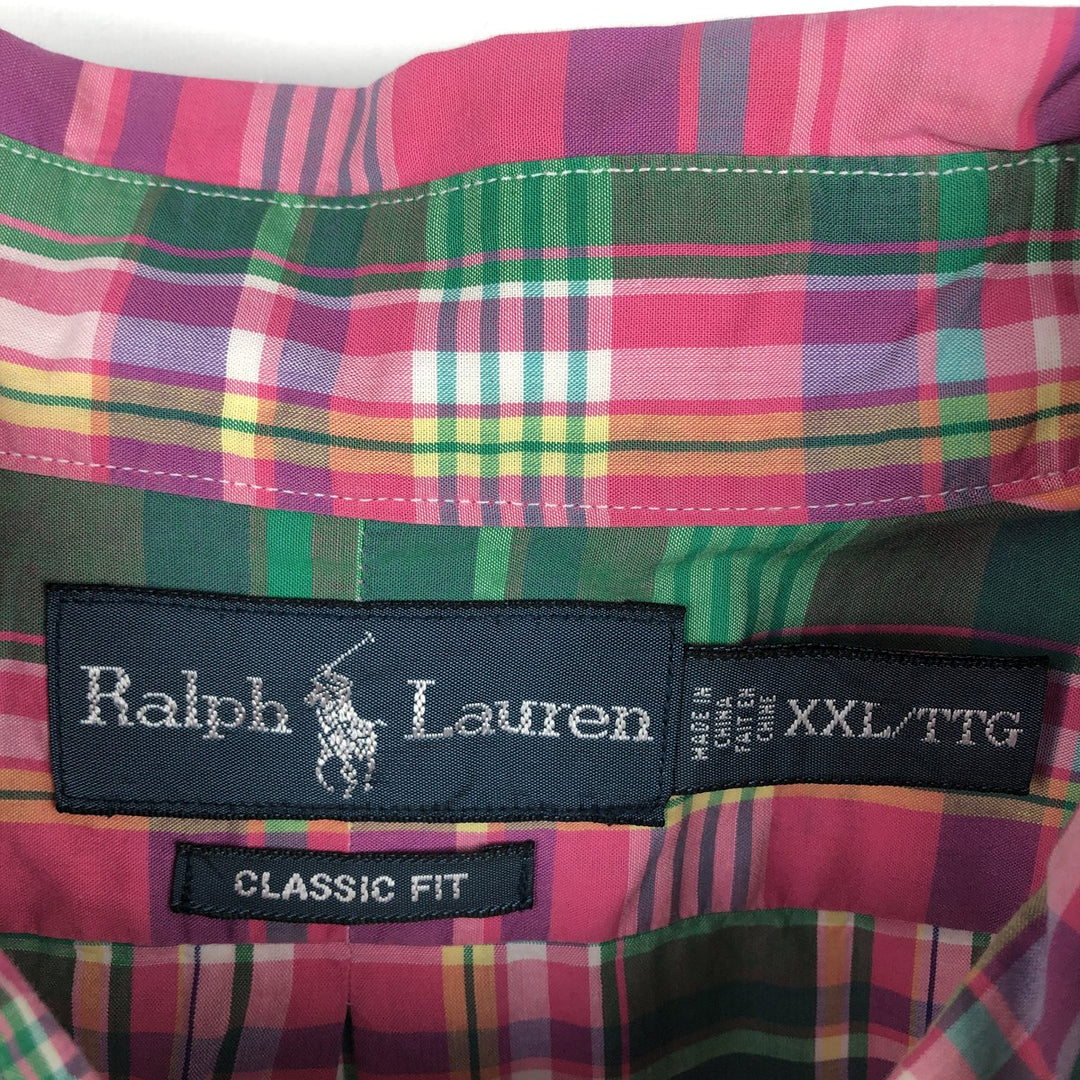 Ralph Lauren CLASSIC FIT Madras check short-sleeved button-down check shirt, men's size XXL equivalent. cotton pink type Vintage Second Hand
