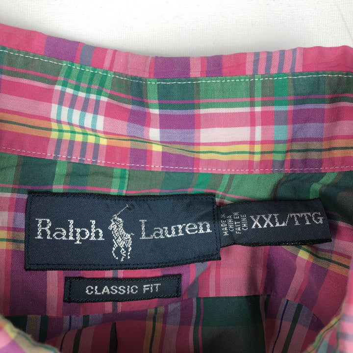 Ralph Lauren CLASSIC FIT Madras check short-sleeved button-down check shirt, men's size XXL equivalent. cotton pink type Vintage Second Hand
