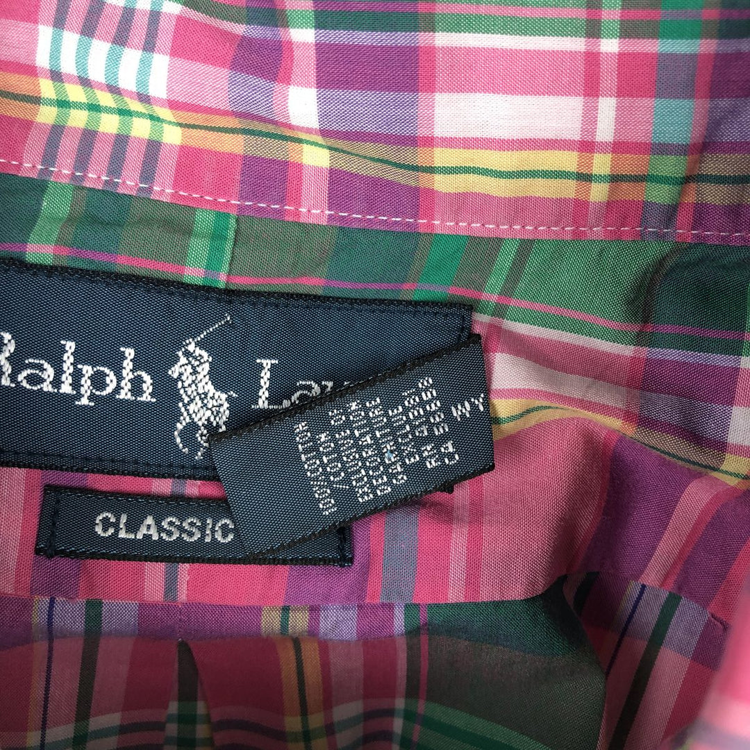 Ralph Lauren CLASSIC FIT Madras check short-sleeved button-down check shirt, men's size XXL equivalent. cotton pink type Vintage Second Hand