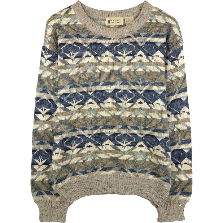~90'S Northwest Territory all-over print acrylic knit sweater, men's size L equivalent, vintage. Lamy Beige type Vintage Second Hand