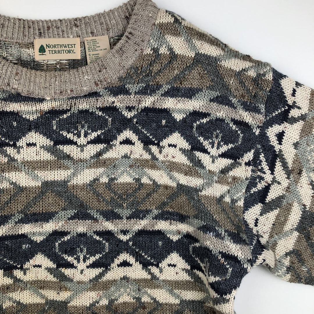 ~90'S Northwest Territory all-over print acrylic knit sweater, men's size L equivalent, vintage. Lamy Beige type Vintage Second Hand