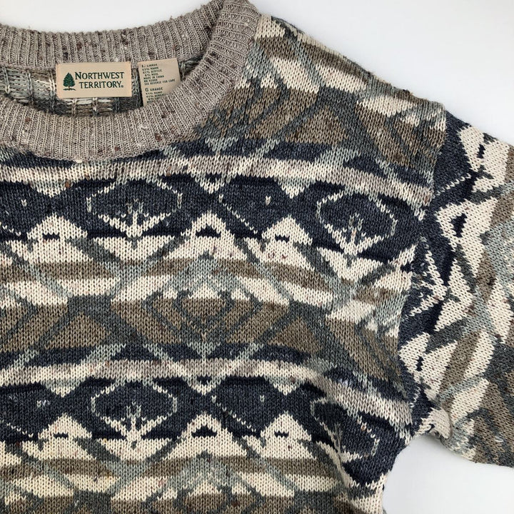 ~90'S Northwest Territory all-over print acrylic knit sweater, men's size L equivalent, vintage. Lamy Beige type Vintage Second Hand