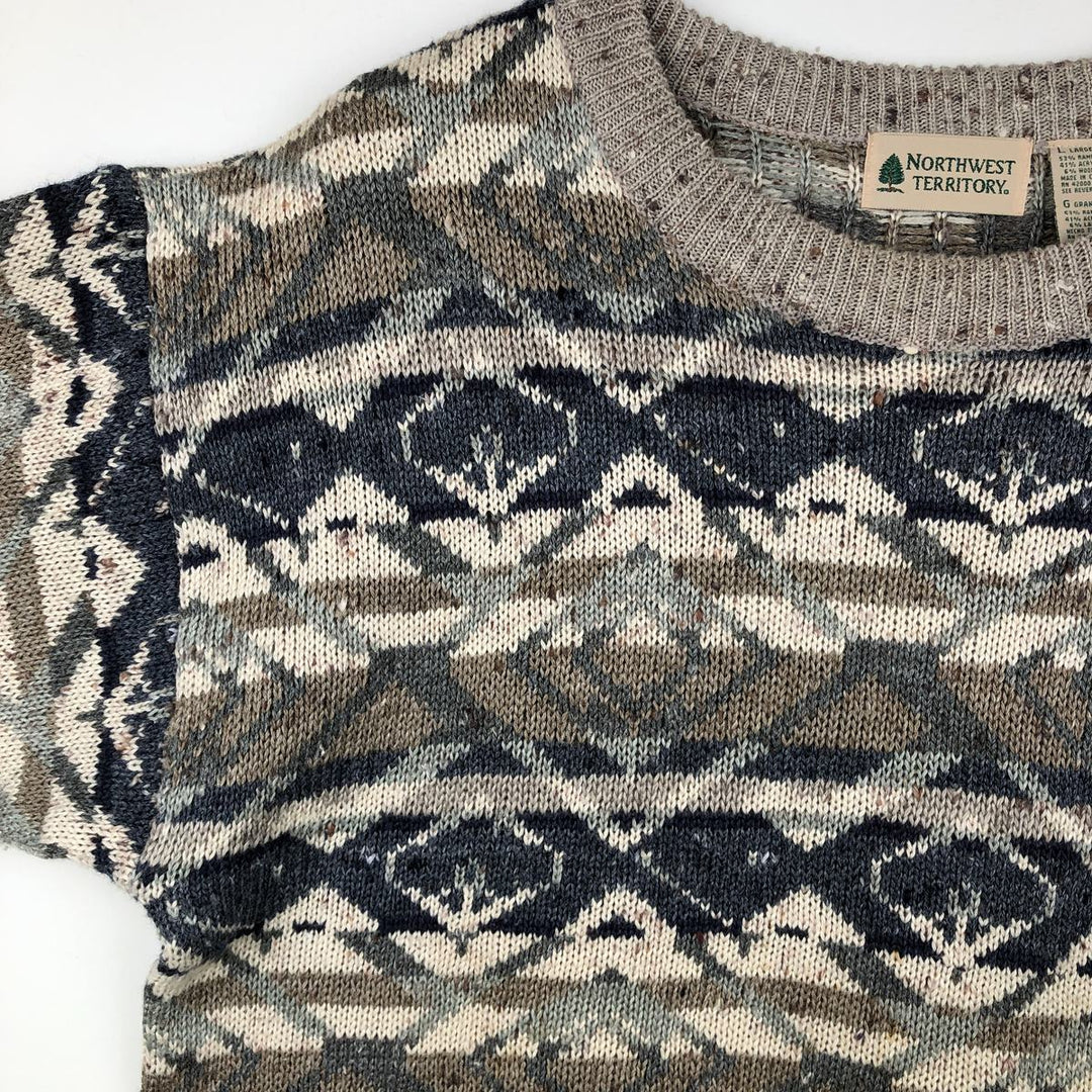~90'S Northwest Territory all-over print acrylic knit sweater, men's size L equivalent, vintage. Lamy Beige type Vintage Second Hand