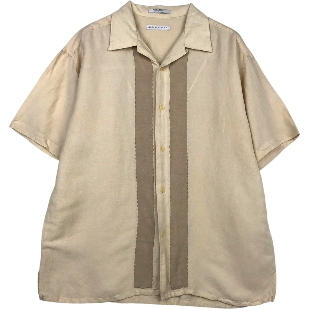 GEOFFREY BEENE Short-Sleeve Open-Collar Linen Shirt, Boxy Fit, Men's Size L linen Beige type Vintage Second Hand