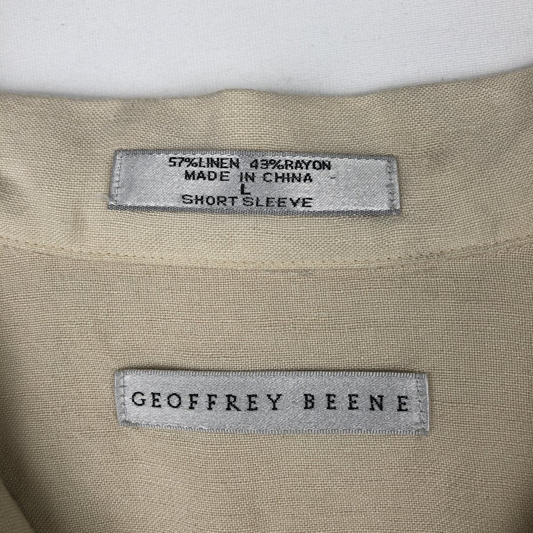 GEOFFREY BEENE Short-Sleeve Open-Collar Linen Shirt, Boxy Fit, Men's Size L linen Beige type Vintage Second Hand