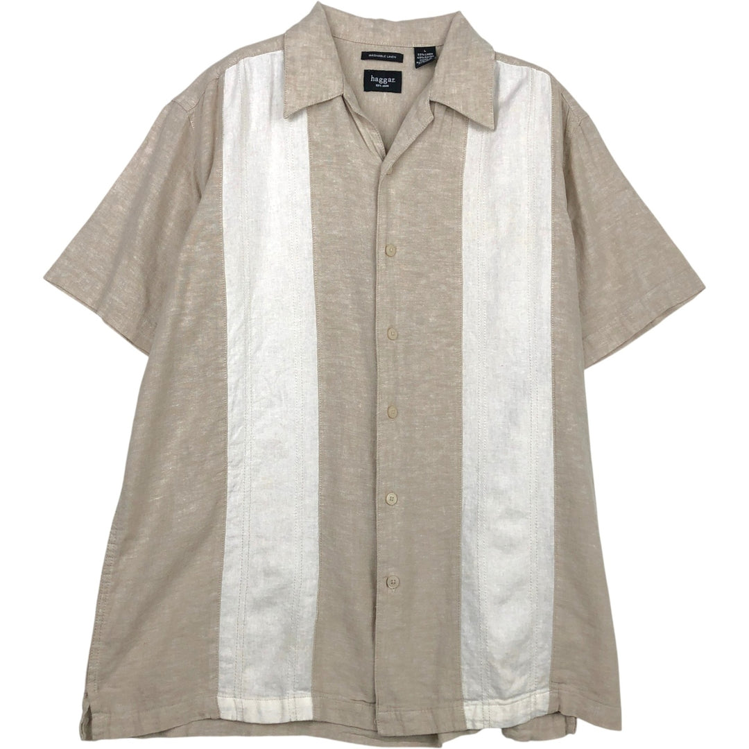 HAGGAR Washable Linen Two-Tone Short-Sleeve Open-Collar Linen Shirt, Boxy Shirt, Men's Size L (approx.) linen Beige type Vintage Second Hand