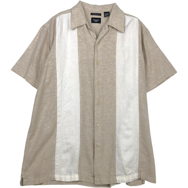 HAGGAR Washable Linen Two-Tone Short-Sleeve Open-Collar Linen Shirt, Boxy Shirt, Men's Size L (approx.) linen Beige type Vintage Second Hand