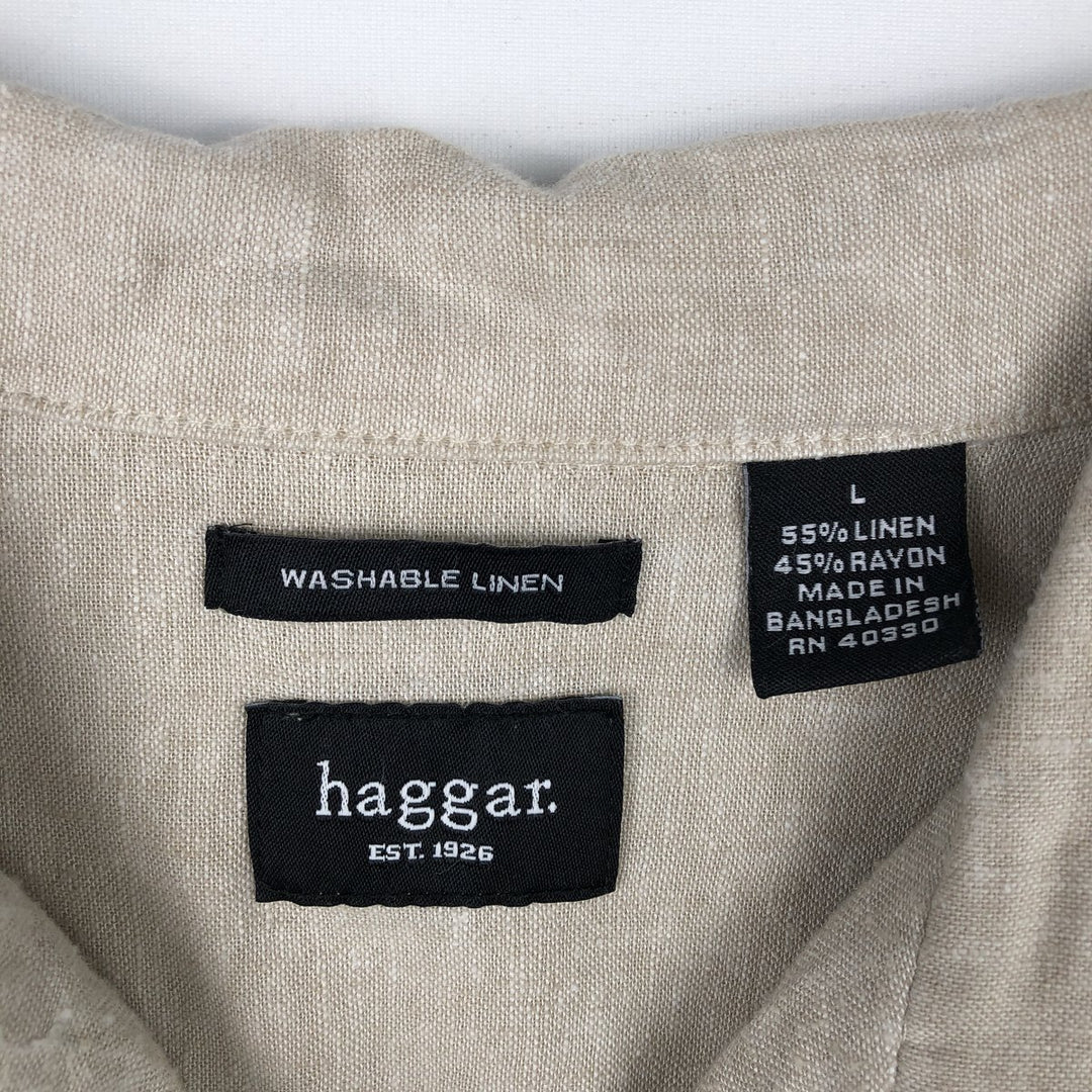 HAGGAR Washable Linen Two-Tone Short-Sleeve Open-Collar Linen Shirt, Boxy Shirt, Men's Size L (approx.) linen Beige type Vintage Second Hand