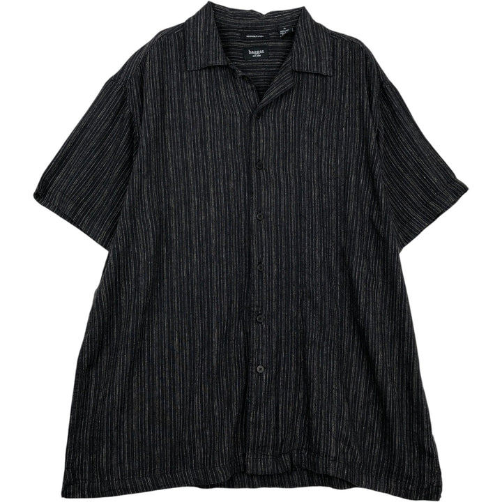 HAGGAR WASHABLE LINEN Stripe Pattern Short-Sleeve Open Collar Rayon x Linen Shirt, Boxy Shirt, Men's XL Equivalent linen black type Vintage Second Hand