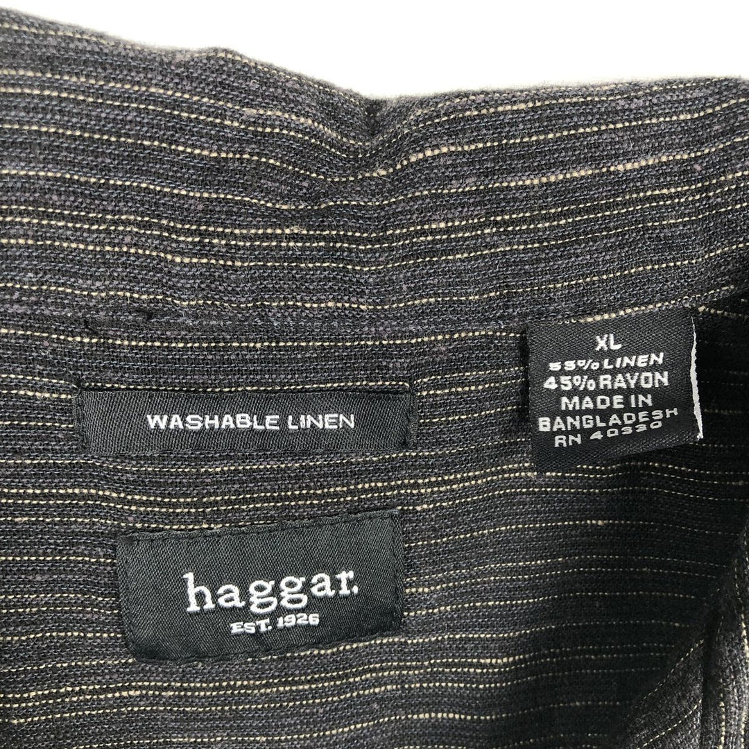 HAGGAR WASHABLE LINEN Stripe Pattern Short-Sleeve Open Collar Rayon x Linen Shirt, Boxy Shirt, Men's XL Equivalent linen black type Vintage Second Hand