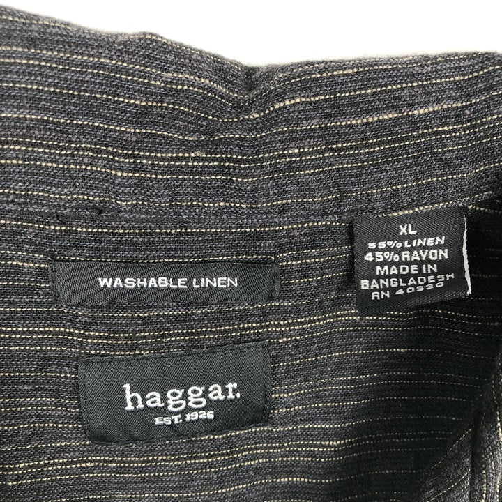 HAGGAR WASHABLE LINEN Stripe Pattern Short-Sleeve Open Collar Rayon x Linen Shirt, Boxy Shirt, Men's XL Equivalent linen black type Vintage Second Hand