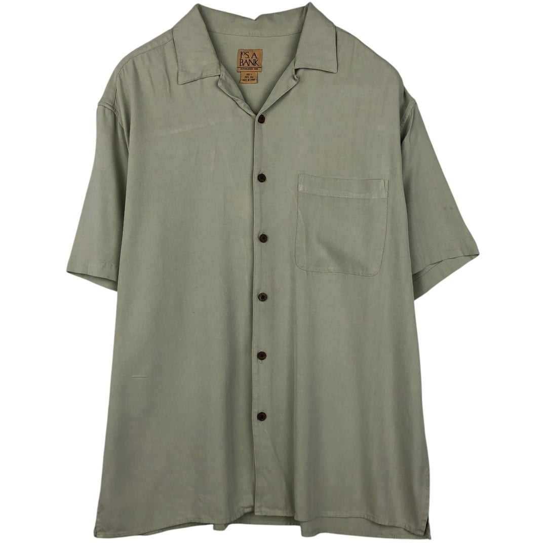 JOS. A. BANK Short-Sleeve Open-Collar Silk Shirt, Boxy Fit, Men's Size L (approx.) silk Khaki type sage green Vintage Second Hand