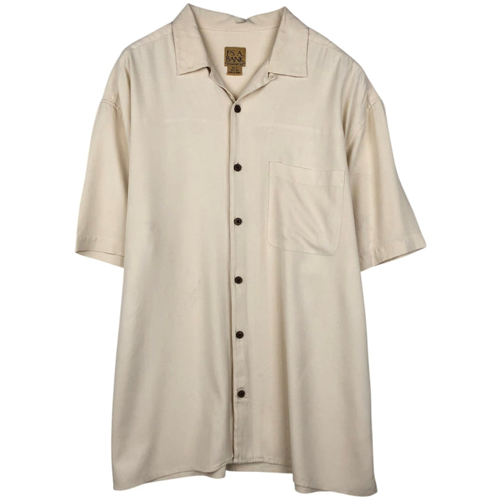 JOS. A. BANK Short-Sleeve Open-Collar Silk Shirt, Boxy Fit, Men's Size XL (approx.) silk ivory Vintage Second Hand