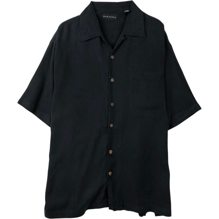 BARACUTA Short-Sleeve Open-Collar Silk Shirt, Boxy Fit, Men's Size L (approx.) silk black type Vintage Second Hand