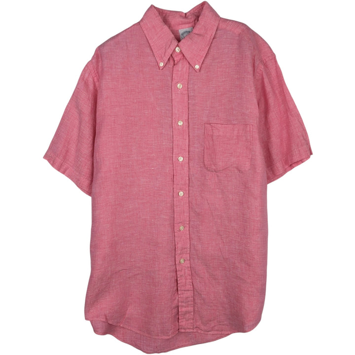 Brooks Brothers Short Sleeve Linen Button Down Shirt, Men's Size L linen pink type Vintage Second Hand