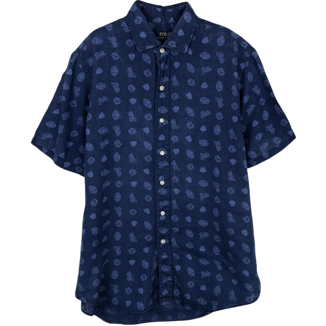 Ralph Lauren short-sleeved linen shirt, men's size M linen blue type Vintage Second Hand