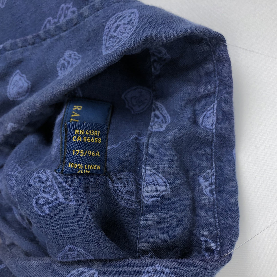 Ralph Lauren short-sleeved linen shirt, men's size M linen blue type Vintage Second Hand