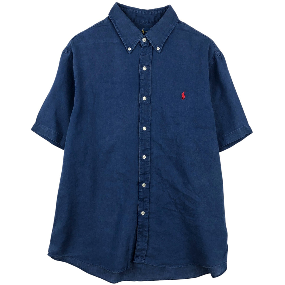 Ralph Lauren Classic Fit short sleeve linen button down shirt, men's size XL linen navy blue type Vintage Second Hand
