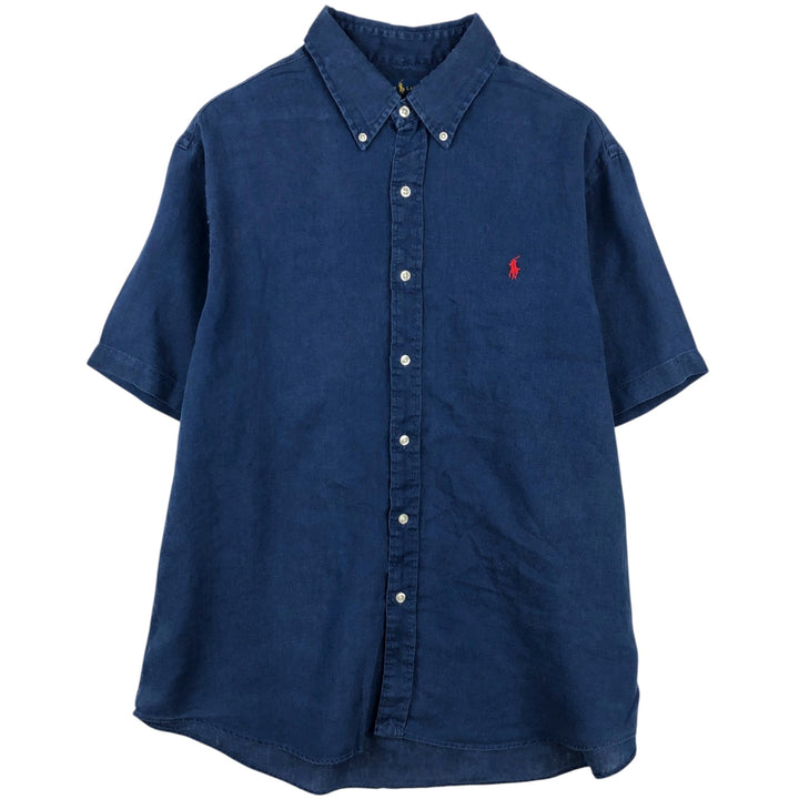 Ralph Lauren Classic Fit short sleeve linen button down shirt, men's size XL linen navy blue type Vintage Second Hand