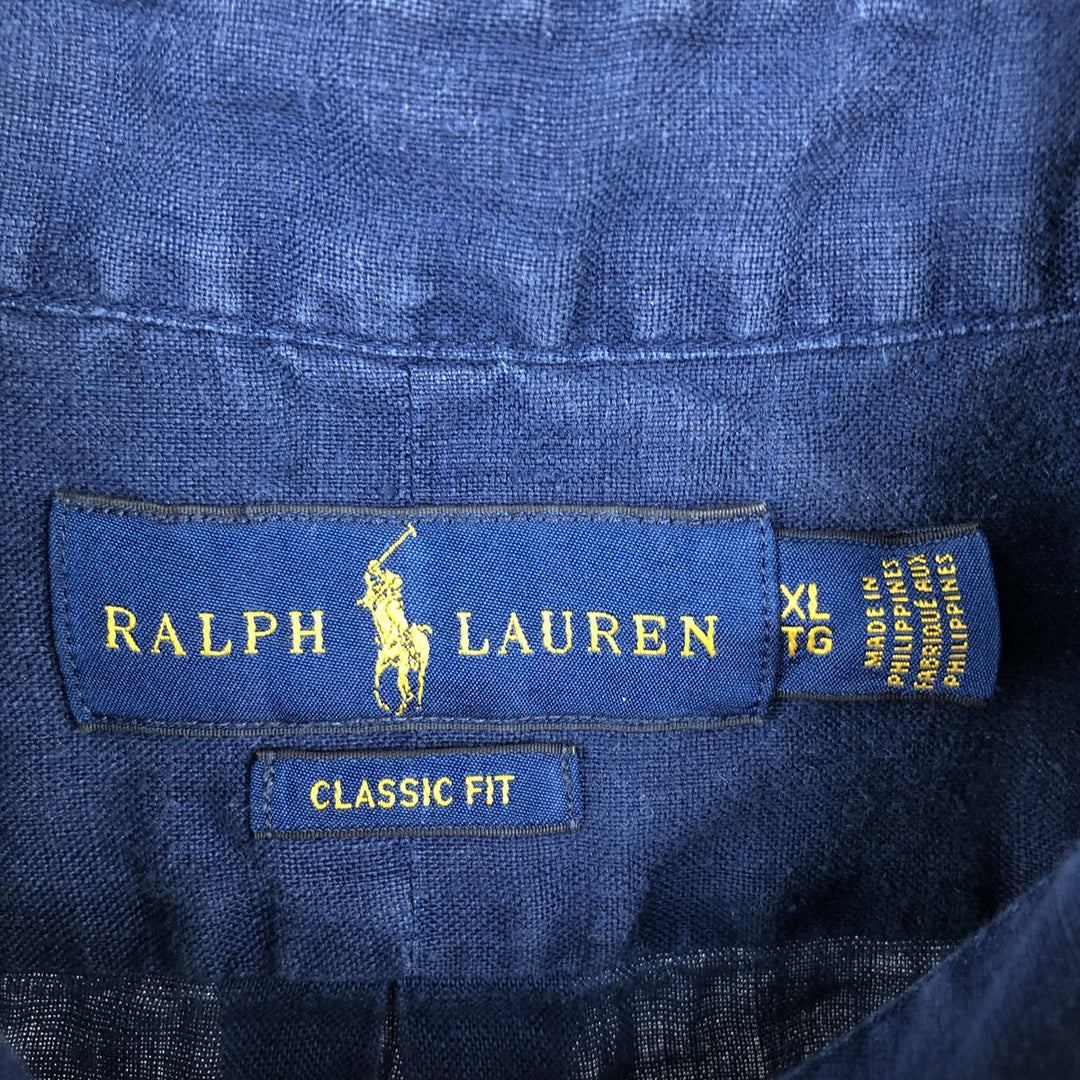 Ralph Lauren Classic Fit short sleeve linen button down shirt, men's size XL linen navy blue type Vintage Second Hand