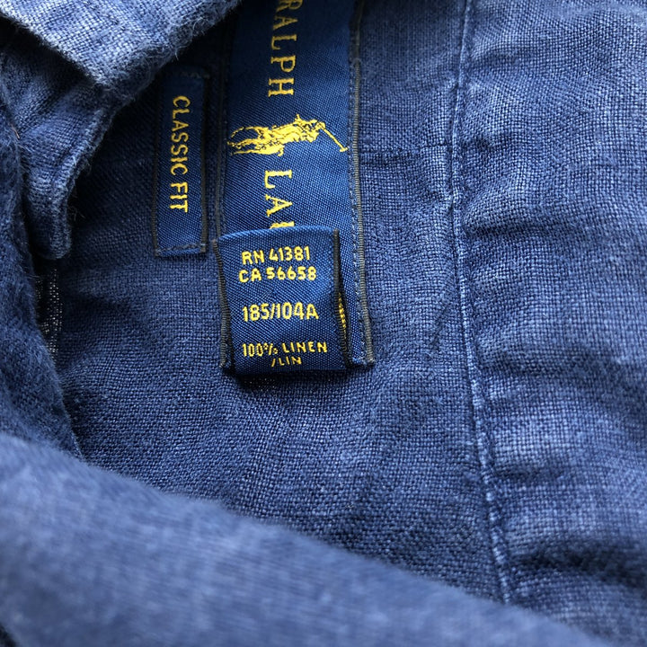 Ralph Lauren Classic Fit short sleeve linen button down shirt, men's size XL linen navy blue type Vintage Second Hand
