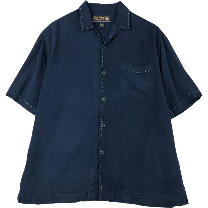 90'S Nat Nast Short-Sleeve Open-Collar Silk Shirt, Boxy Shirt, Men's Size L (Equivalent), Vintage silk navy blue type Vintage Second Hand