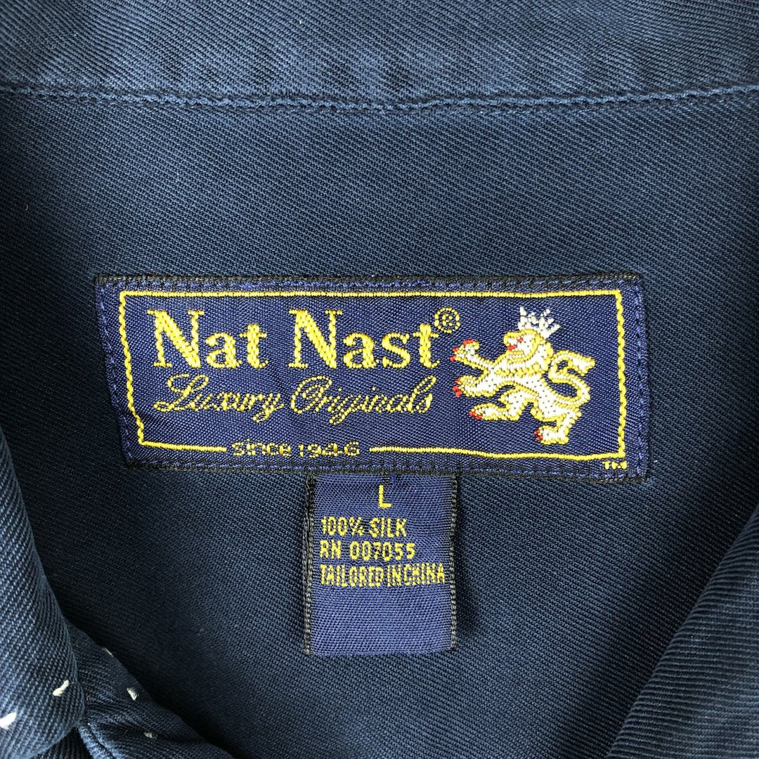 90'S Nat Nast Short-Sleeve Open-Collar Silk Shirt, Boxy Shirt, Men's Size L (Equivalent), Vintage silk navy blue type Vintage Second Hand