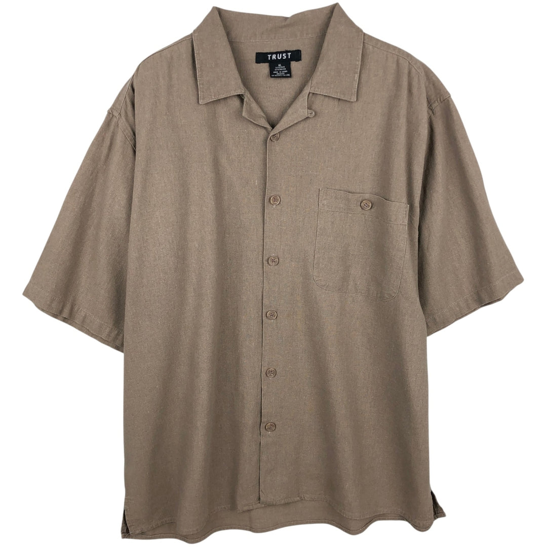 TRUST Short Sleeve Open Collar Rayon and Linen Box Shirt, Men's XL linen brown type Vintage Second Hand