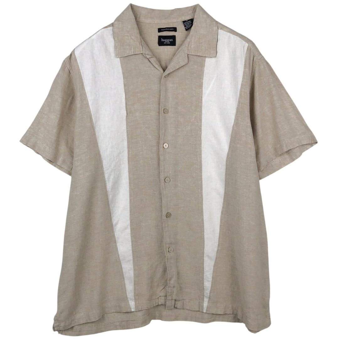 HAGGAR Washable Linen Two-Tone Short-Sleeve Open-Collar Linen Shirt, Boxy Shirt, Men's XL Equivalent linen Beige type Vintage Second Hand