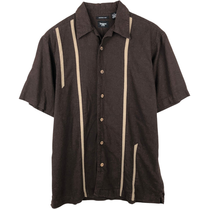 HAGGAR Washable Linen Short-Sleeve Open-Collar Linen Shirt, Boxy Fit, Men's Size M linen brown type Vintage Second Hand