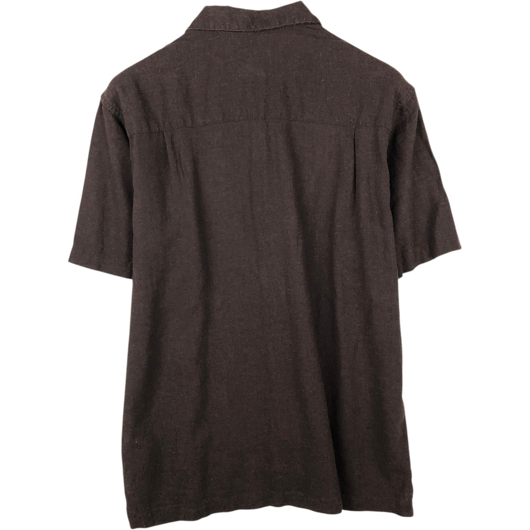 HAGGAR Washable Linen Short-Sleeve Open-Collar Linen Shirt, Boxy Fit, Men's Size M linen brown type Vintage Second Hand