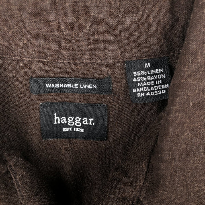 HAGGAR Washable Linen Short-Sleeve Open-Collar Linen Shirt, Boxy Fit, Men's Size M linen brown type Vintage Second Hand