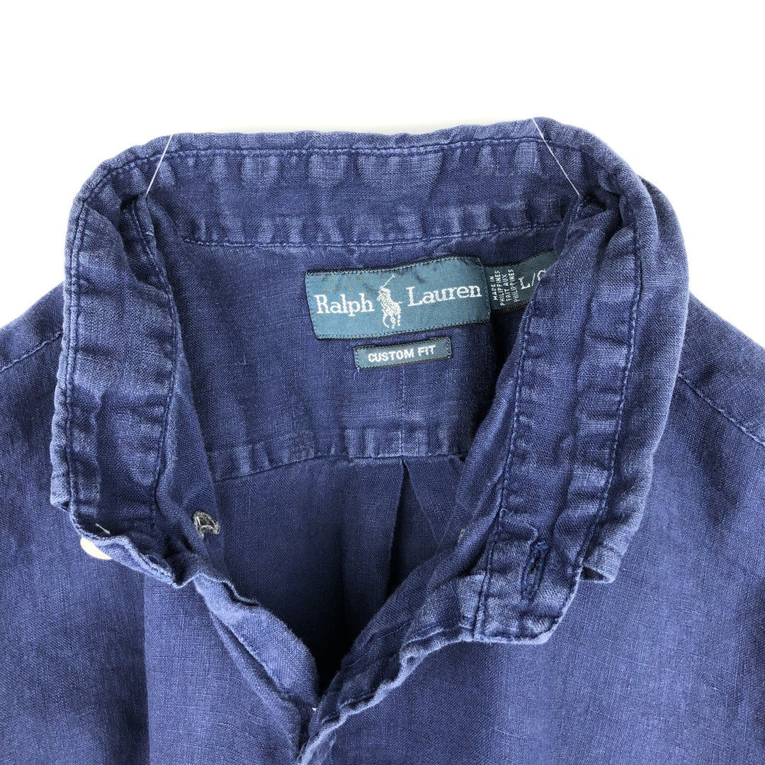Ralph Lauren Custom Fit Short Sleeve Linen Button-Down Shirt, Men's Size L linen blue type Vintage Second Hand