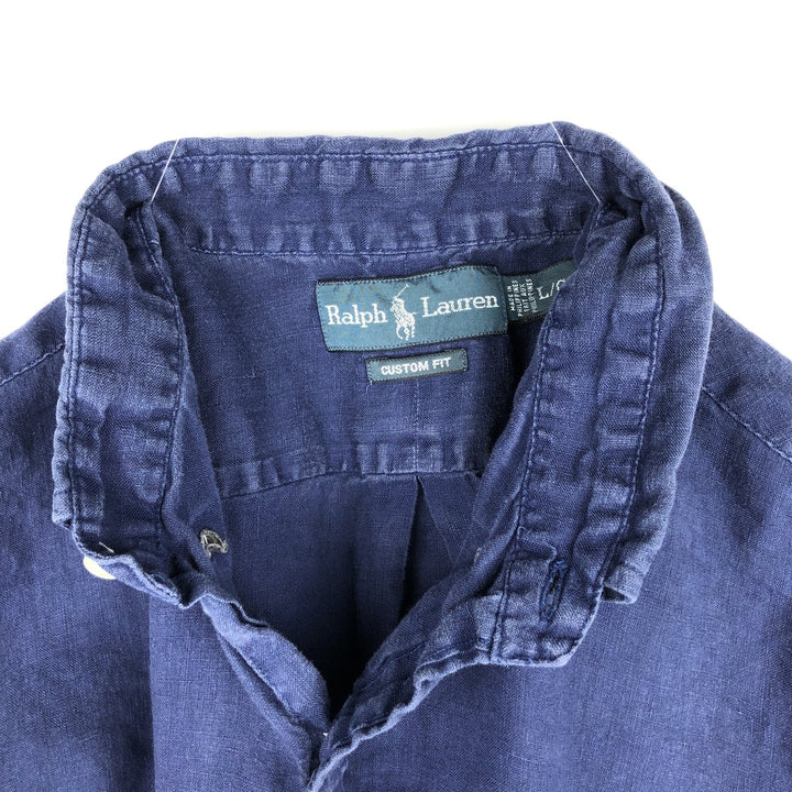 Ralph Lauren Custom Fit Short Sleeve Linen Button-Down Shirt, Men's Size L linen blue type Vintage Second Hand