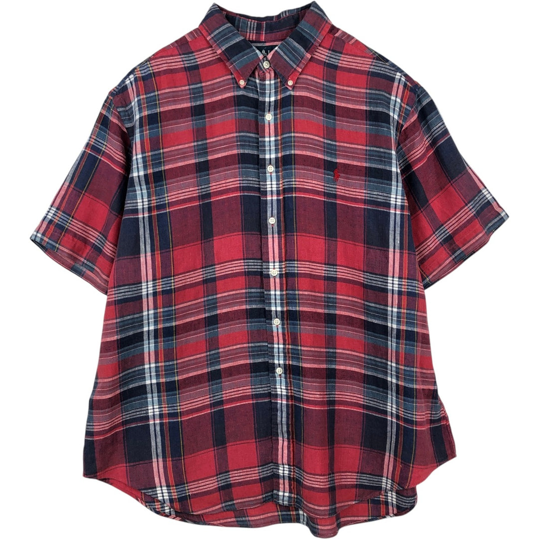 Ralph Lauren CLASSIC FIT Check Pattern Short-Sleeve Linen Button-Down Shirt, Men's XXL (approx.) linen navy blue type Vintage Second Hand