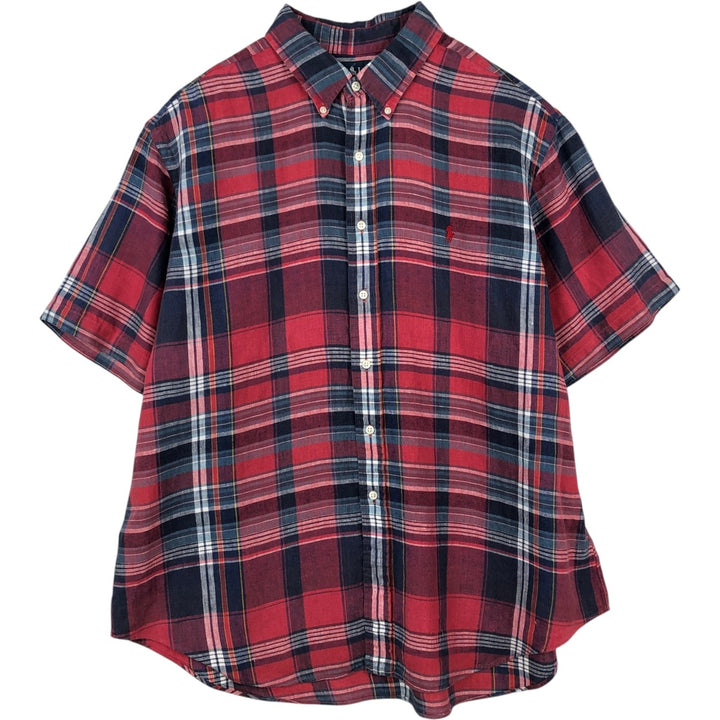 Ralph Lauren CLASSIC FIT Check Pattern Short-Sleeve Linen Button-Down Shirt, Men's XXL (approx.) linen navy blue type Vintage Second Hand