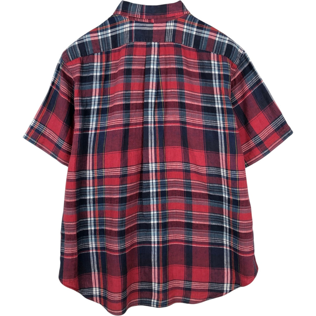 Ralph Lauren CLASSIC FIT Check Pattern Short-Sleeve Linen Button-Down Shirt, Men's XXL (approx.) linen navy blue type Vintage Second Hand