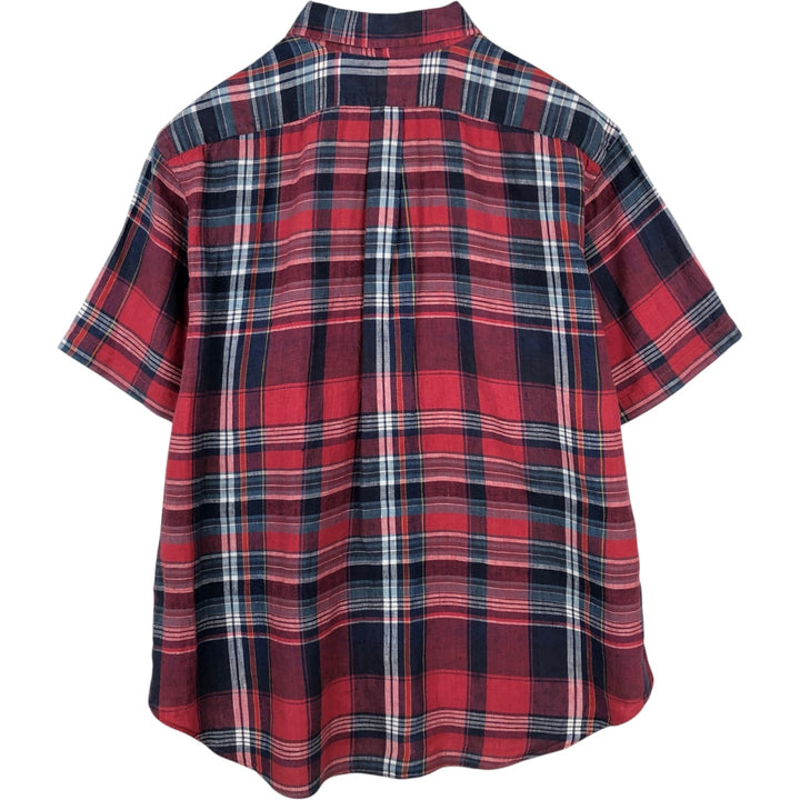 Ralph Lauren CLASSIC FIT Check Pattern Short-Sleeve Linen Button-Down Shirt, Men's XXL (approx.) linen navy blue type Vintage Second Hand