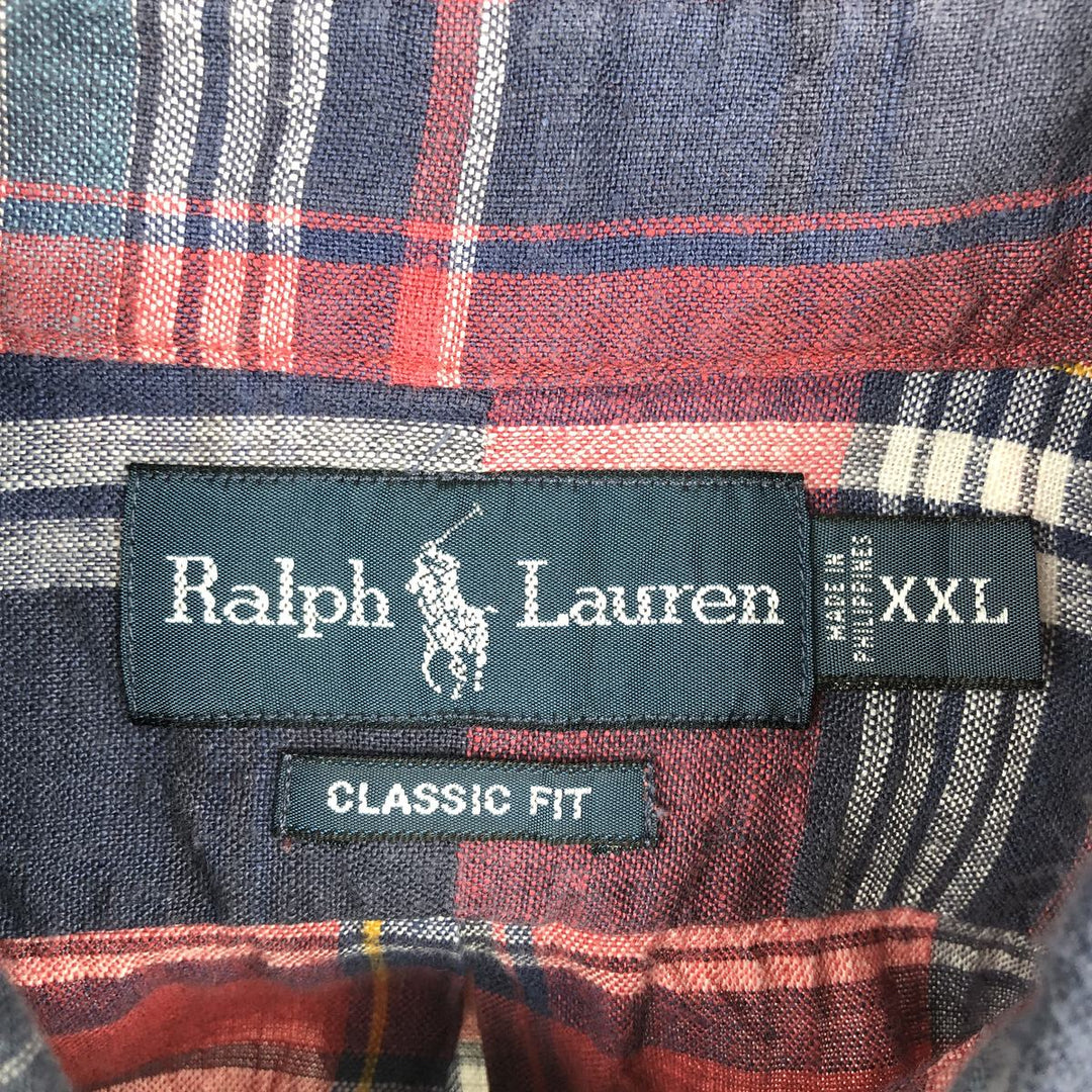 Ralph Lauren CLASSIC FIT Check Pattern Short-Sleeve Linen Button-Down Shirt, Men's XXL (approx.) linen navy blue type Vintage Second Hand