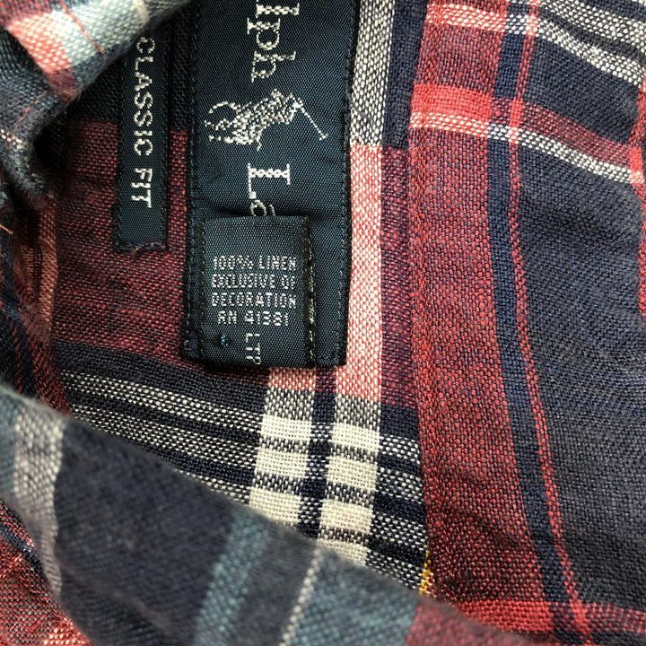 Ralph Lauren CLASSIC FIT Check Pattern Short-Sleeve Linen Button-Down Shirt, Men's XXL (approx.) linen navy blue type Vintage Second Hand