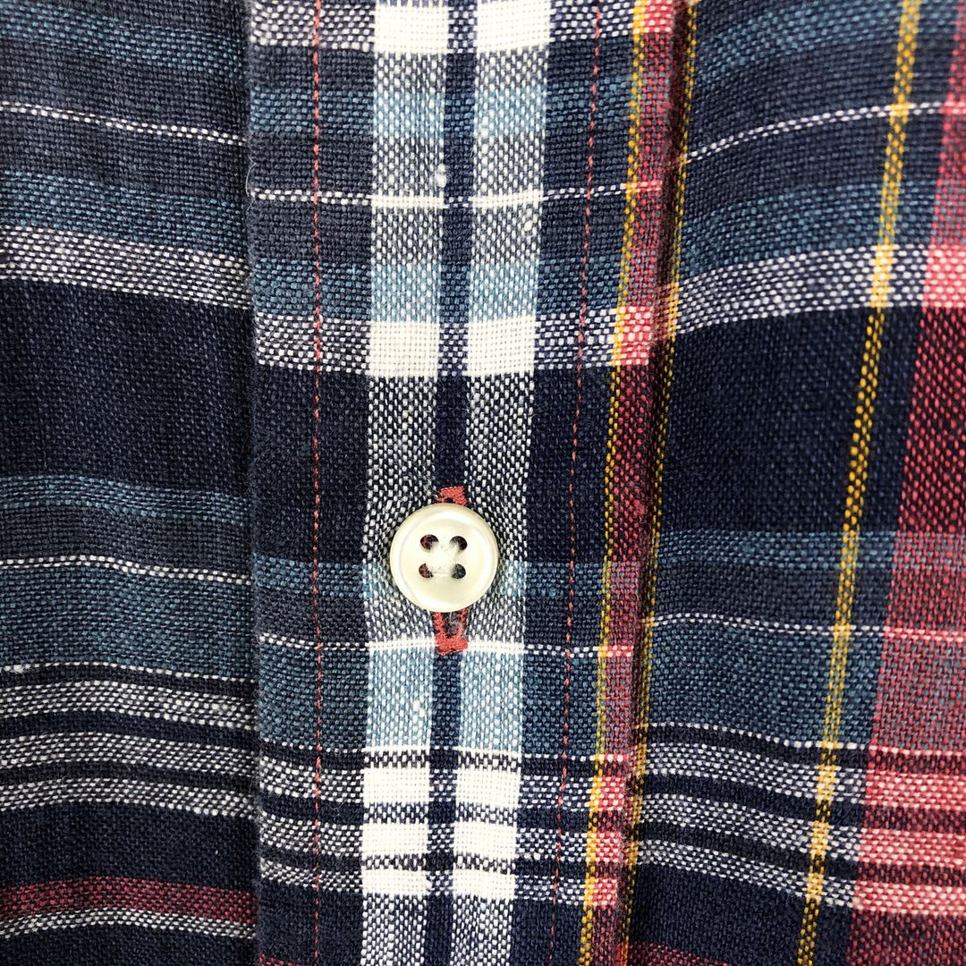 Ralph Lauren CLASSIC FIT Check Pattern Short-Sleeve Linen Button-Down Shirt, Men's XXL (approx.) linen navy blue type Vintage Second Hand