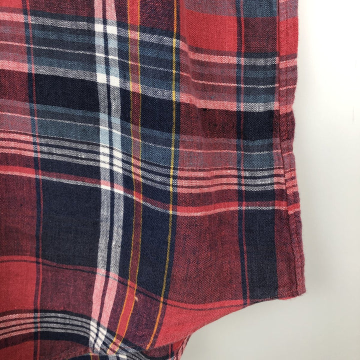 Ralph Lauren CLASSIC FIT Check Pattern Short-Sleeve Linen Button-Down Shirt, Men's XXL (approx.) linen navy blue type Vintage Second Hand