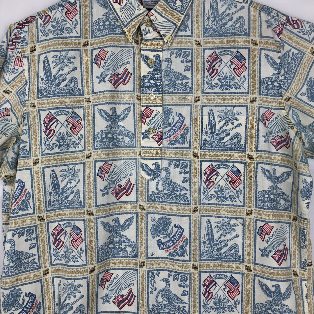 90'S Reyn Spooner Bikini Tag All-over American Flag Print Pullover Button-Down Aloha Shirt Boxy Shirt Men's Size L (approx.) cotton ivory Vintage Second Hand