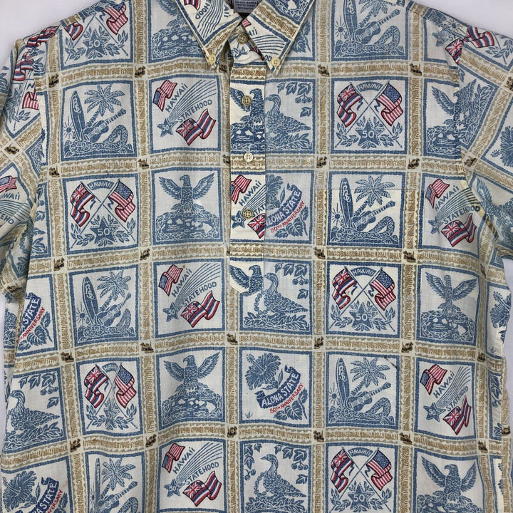 90'S Reyn Spooner Bikini Tag All-over American Flag Print Pullover Button-Down Aloha Shirt Boxy Shirt Men's Size L (approx.) cotton ivory Vintage Second Hand