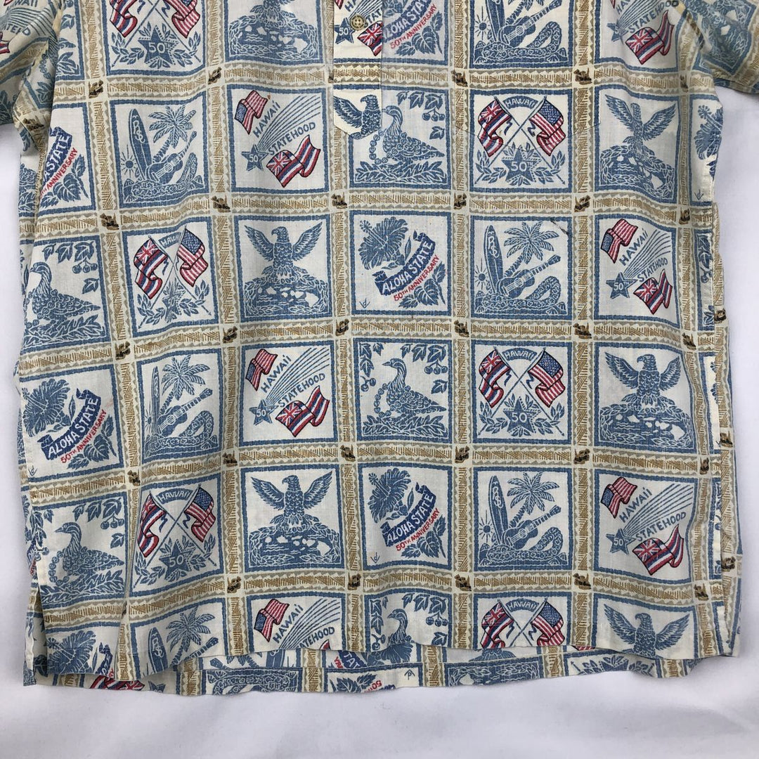 90'S Reyn Spooner Bikini Tag All-over American Flag Print Pullover Button-Down Aloha Shirt Boxy Shirt Men's Size L (approx.) cotton ivory Vintage Second Hand